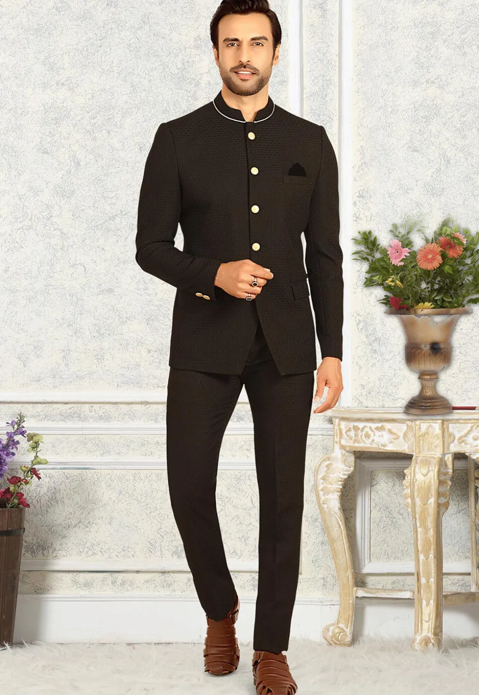 Solid Color Terry Rayon Jodhpuri Jacket in Black