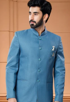 Solid Color Terry Rayon Jodhpuri Suit in Blue