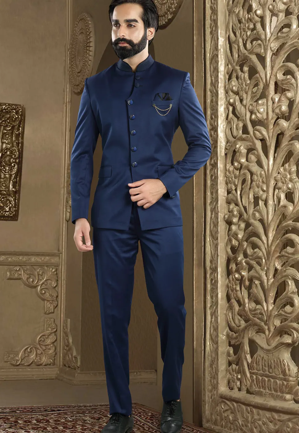 Solid Color Terry Rayon Jodhpuri Suit in Navy Blue