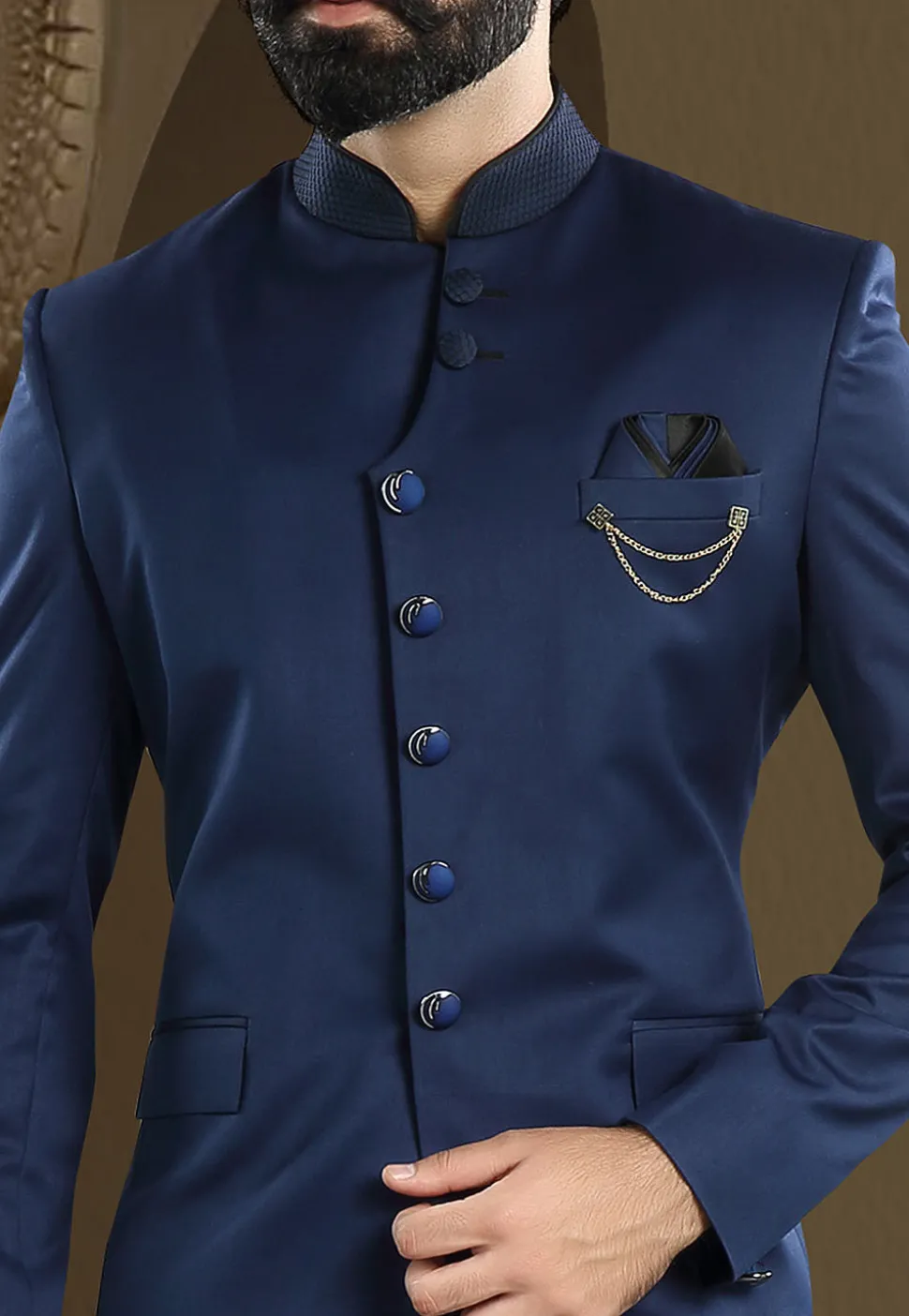 Solid Color Terry Rayon Jodhpuri Suit in Navy Blue