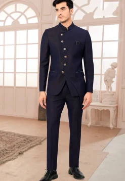 Solid Color Terry Rayon Jodhpuri Suit in Navy Blue