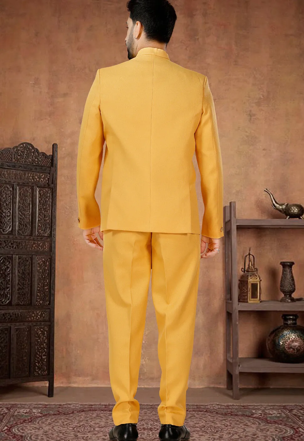 Solid Color Terry Rayon Jodhpuri Suit in Yellow