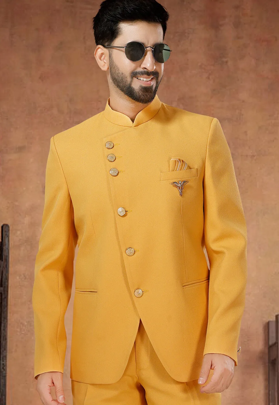 Solid Color Terry Rayon Jodhpuri Suit in Yellow