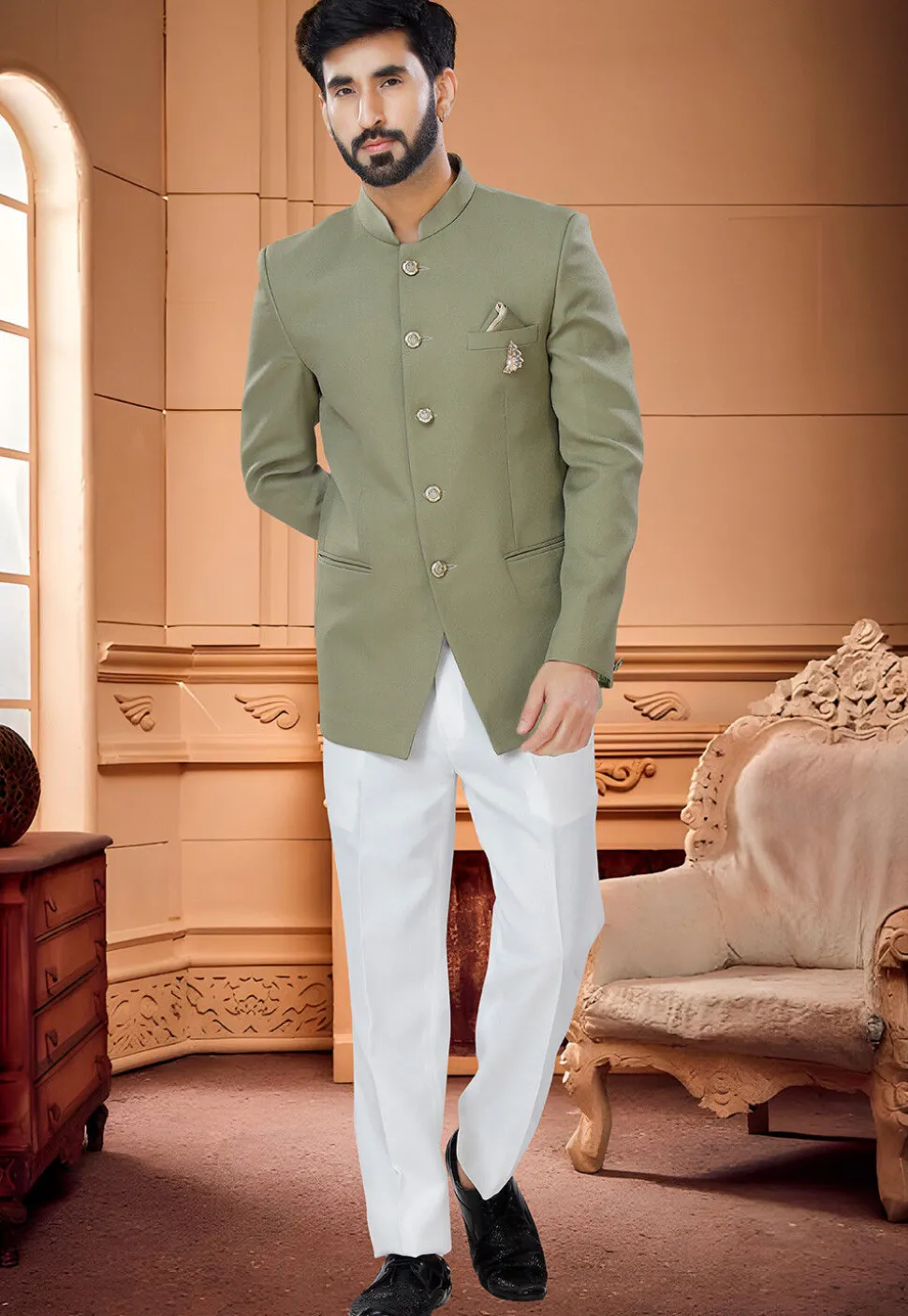 Solid Color Terry Rayon Jodhpuri Suit in Olive Green