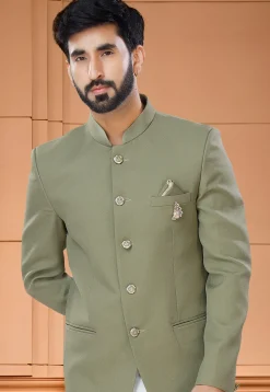 Solid Color Terry Rayon Jodhpuri Suit in Olive Green