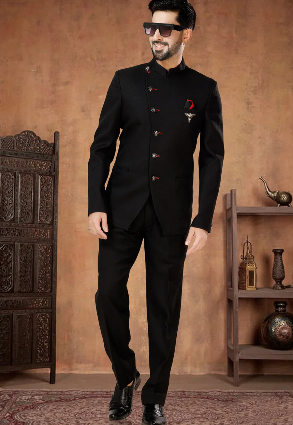 Solid Color Terry Rayon Jodhpuri Suit in Black