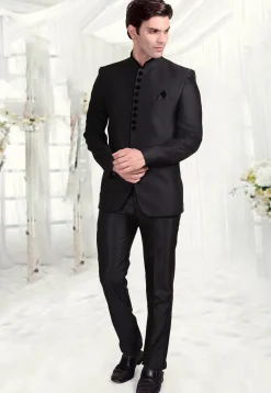 Solid Color Terry Rayon Jodhpuri Suit in Black