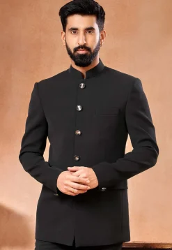 Solid Color Terry Rayon Jodhpuri Jacket in Black