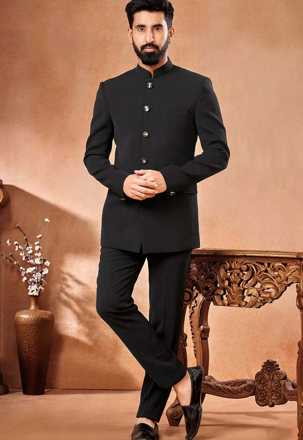Solid Color Terry Rayon Jodhpuri Jacket in Black