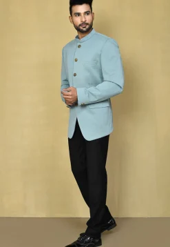 Solid Color Terry Rayon Jacquard Bandhgala Set in Light Blue