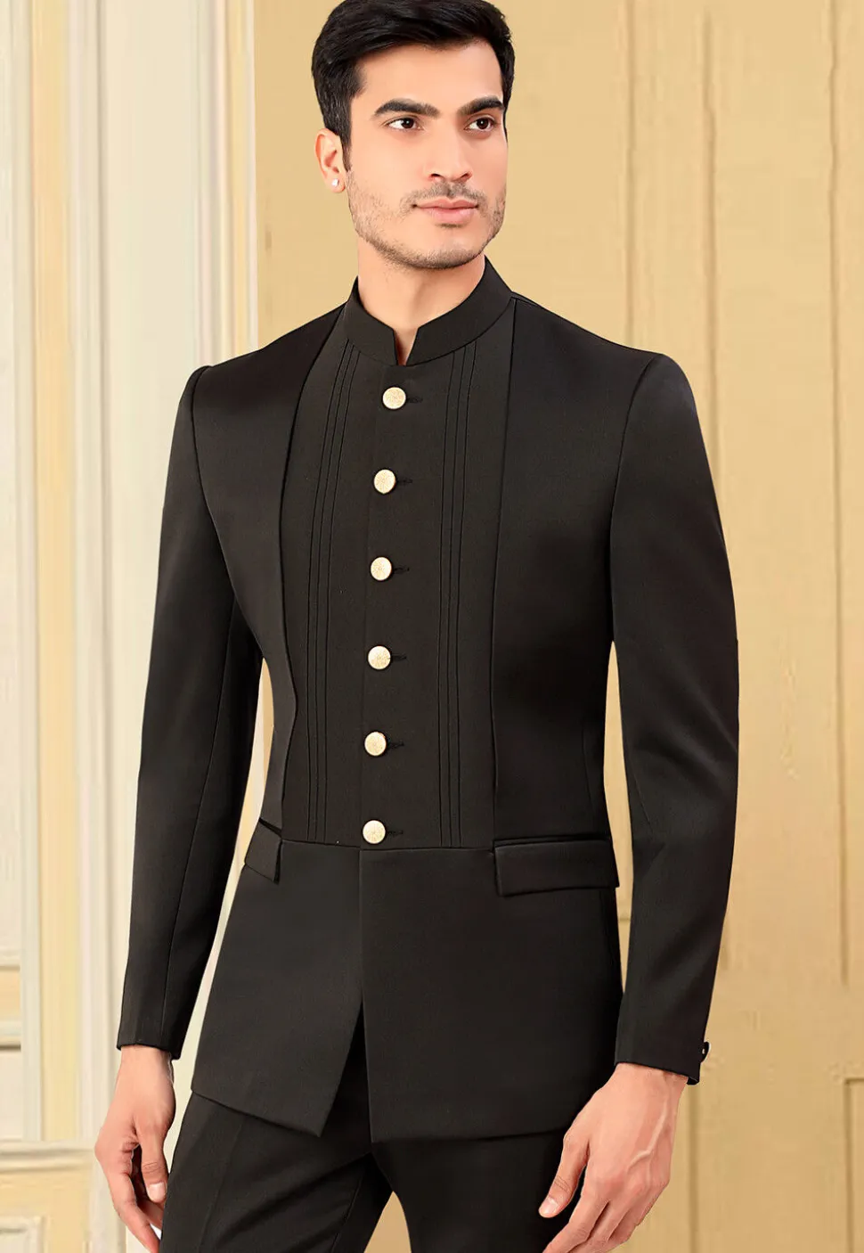 Solid Color Terry Rayon Jodhpuri Jacket in Black