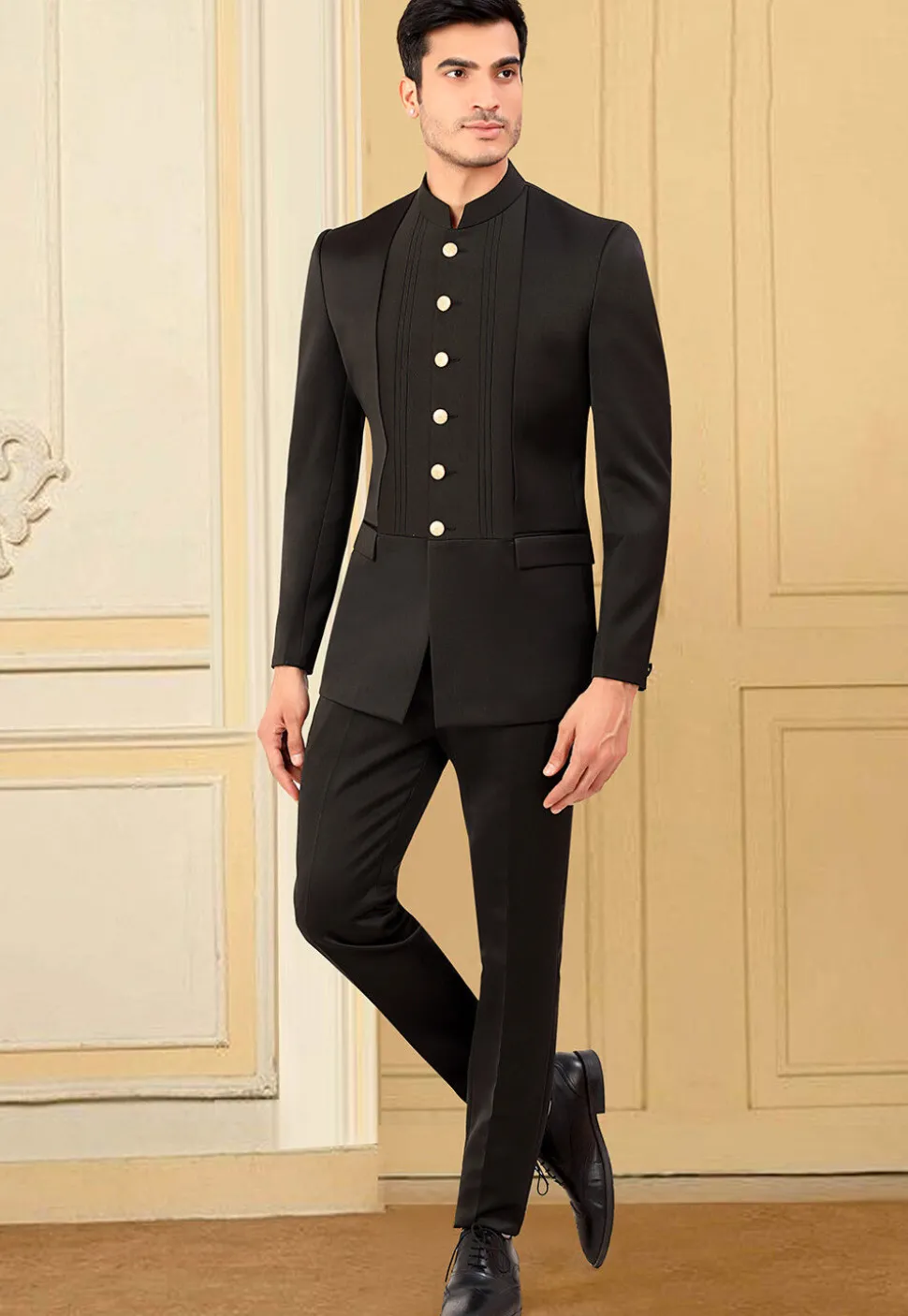 Solid Color Terry Rayon Jodhpuri Suit in Black