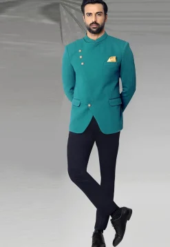 Solid Color Terry Rayon Jodhpuri Suit in Teal Blue