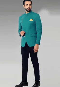 Solid Color Terry Rayon Jodhpuri Suit in Teal Blue