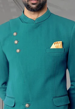 Solid Color Terry Rayon Jodhpuri Suit in Teal Blue