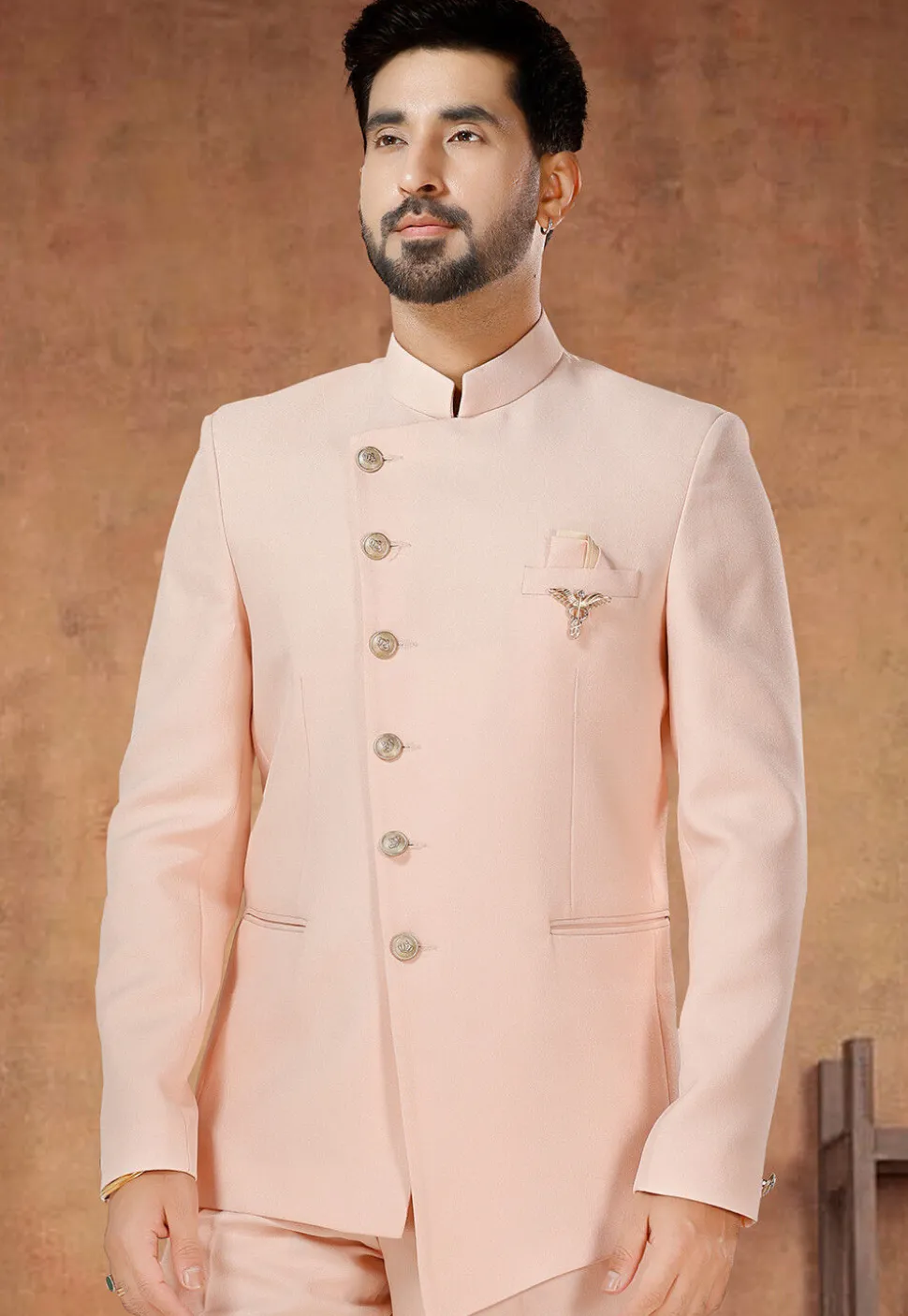 Solid Color Terry Rayon Jodhpuri Suit in Peach