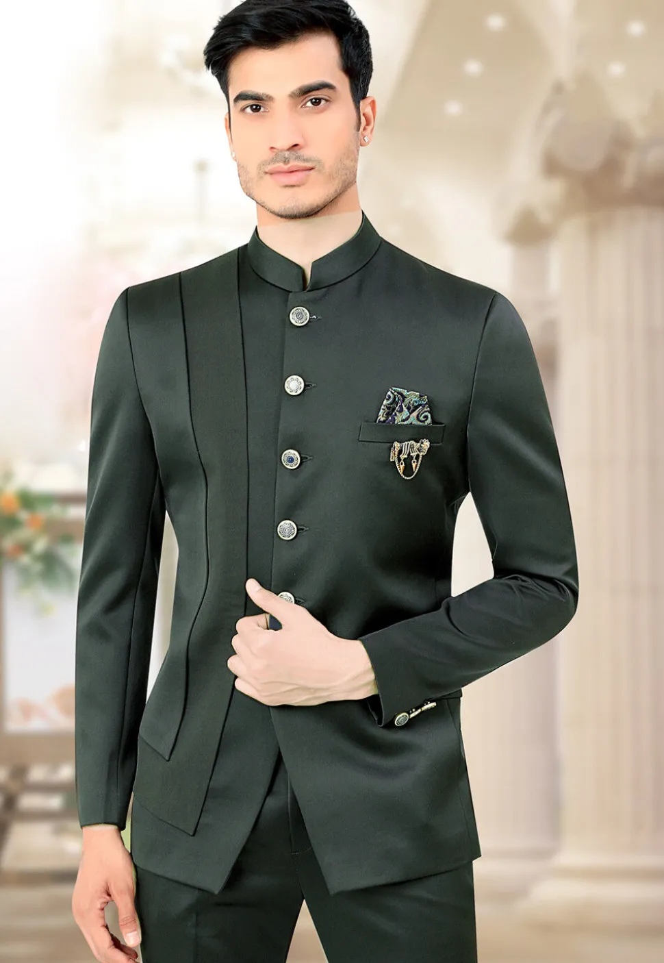 Solid Color Terry Rayon Jodhpuri Suit in Dark Green