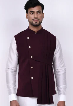 Solid Color Terry Rayon Nehru Jacket in Wine