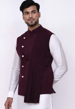 Solid Color Terry Rayon Nehru Jacket in Wine