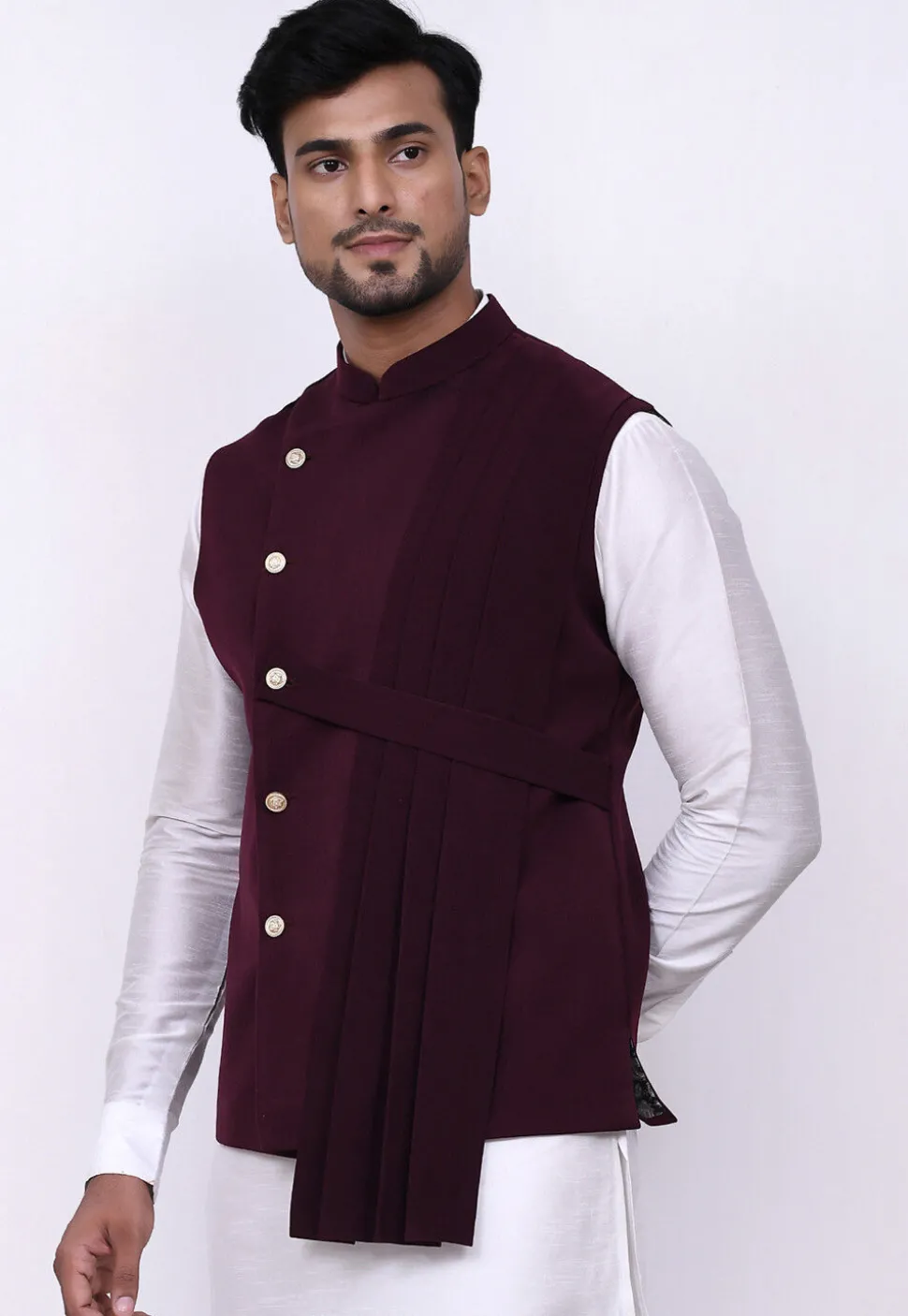 Solid Color Terry Rayon Nehru Jacket in Wine