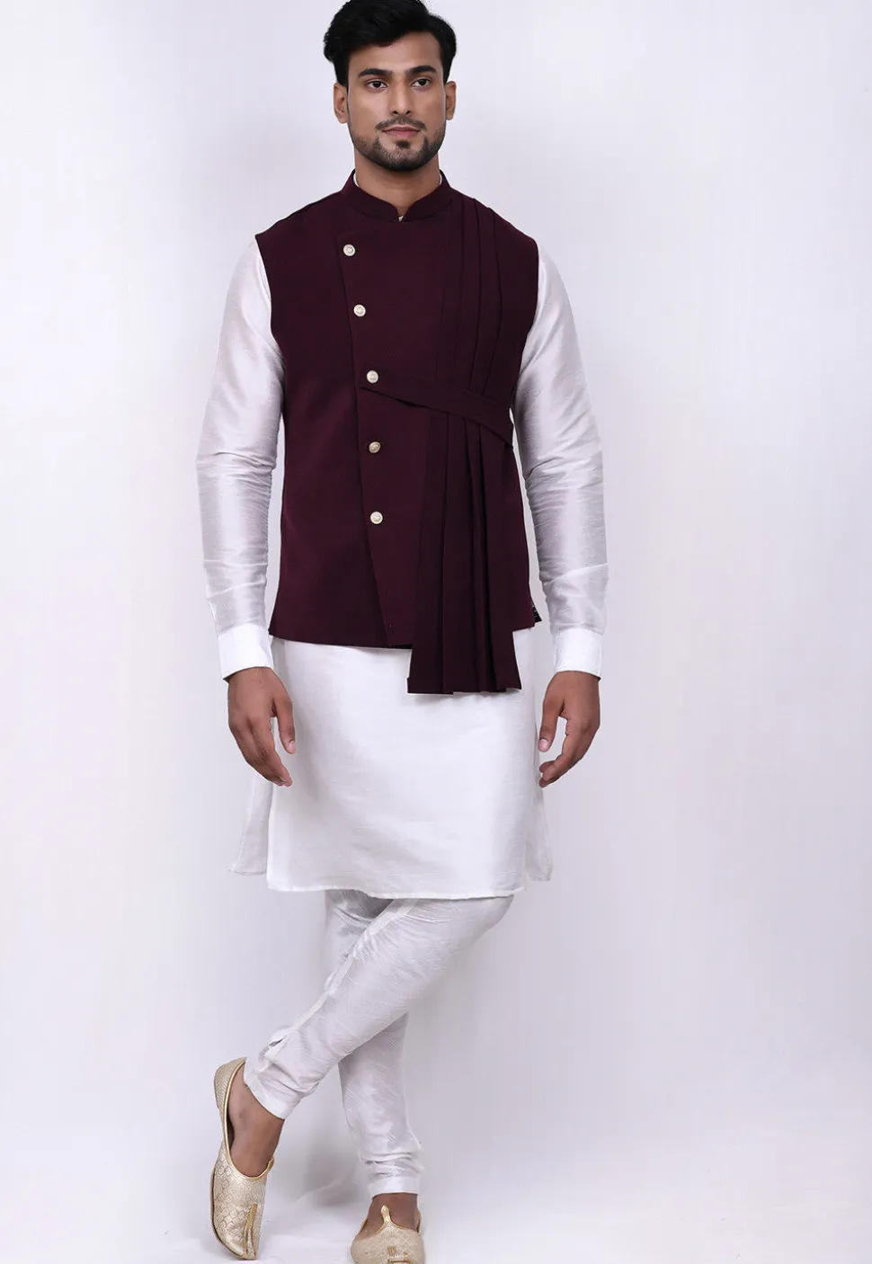 Solid Color Terry Rayon Nehru Jacket in Wine