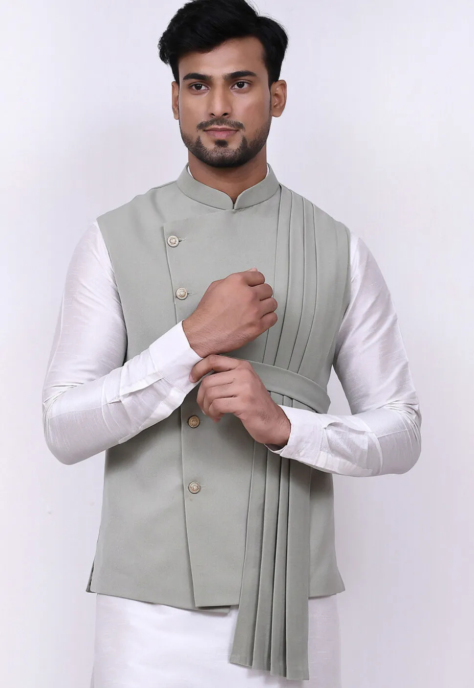 Solid Color Terry Rayon Nehru Jacket in Dusty Green