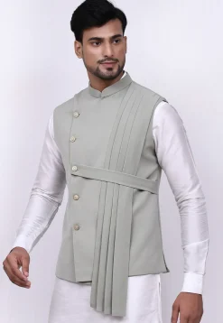 Solid Color Terry Rayon Nehru Jacket in Dusty Green