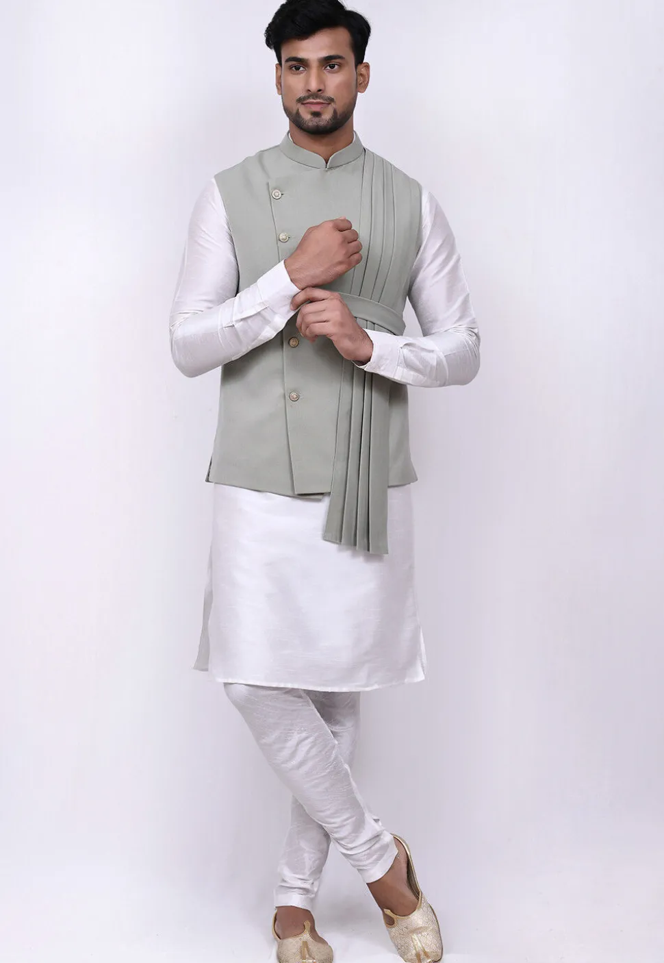 Solid Color Terry Rayon Nehru Jacket in Dusty Green