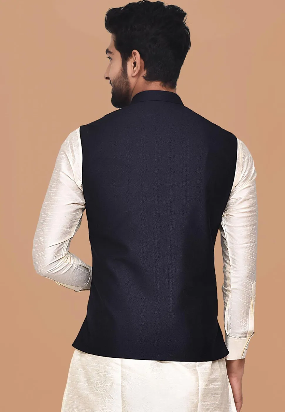 Solid Color Terry Rayon Nehru Jacket in Navy Blue