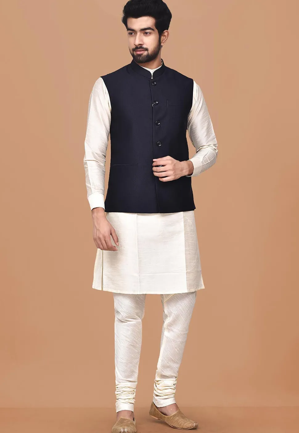 Solid Color Terry Rayon Nehru Jacket in Navy Blue
