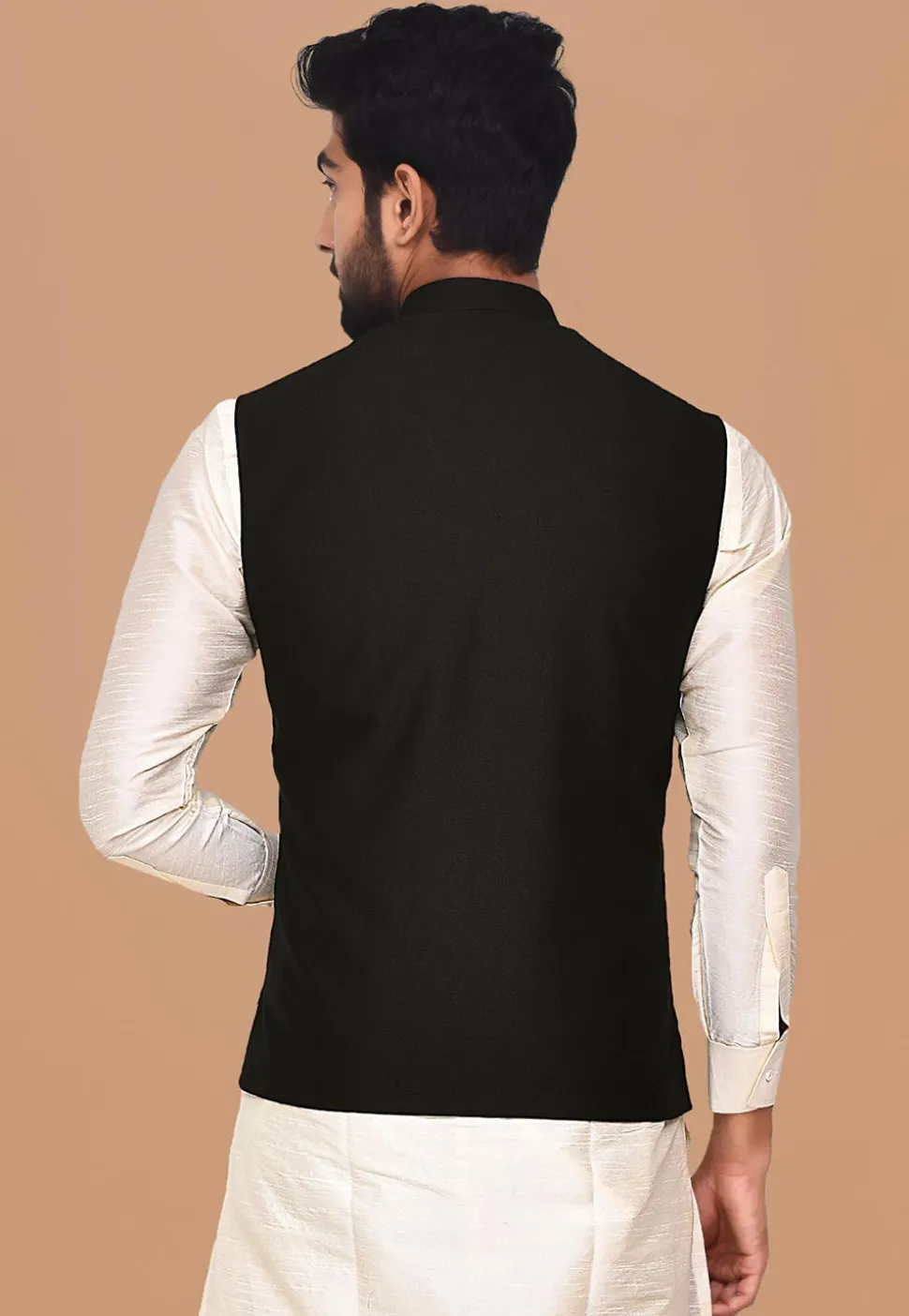Solid Color Terry Rayon Nehru Jacket in Black