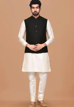 Solid Color Terry Rayon Nehru Jacket in Black