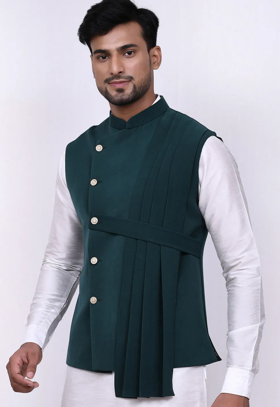 Solid Color Terry Rayon Nehru Jacket in Dark Teal Green