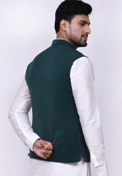 Solid Color Terry Rayon Nehru Jacket in Dark Teal Green