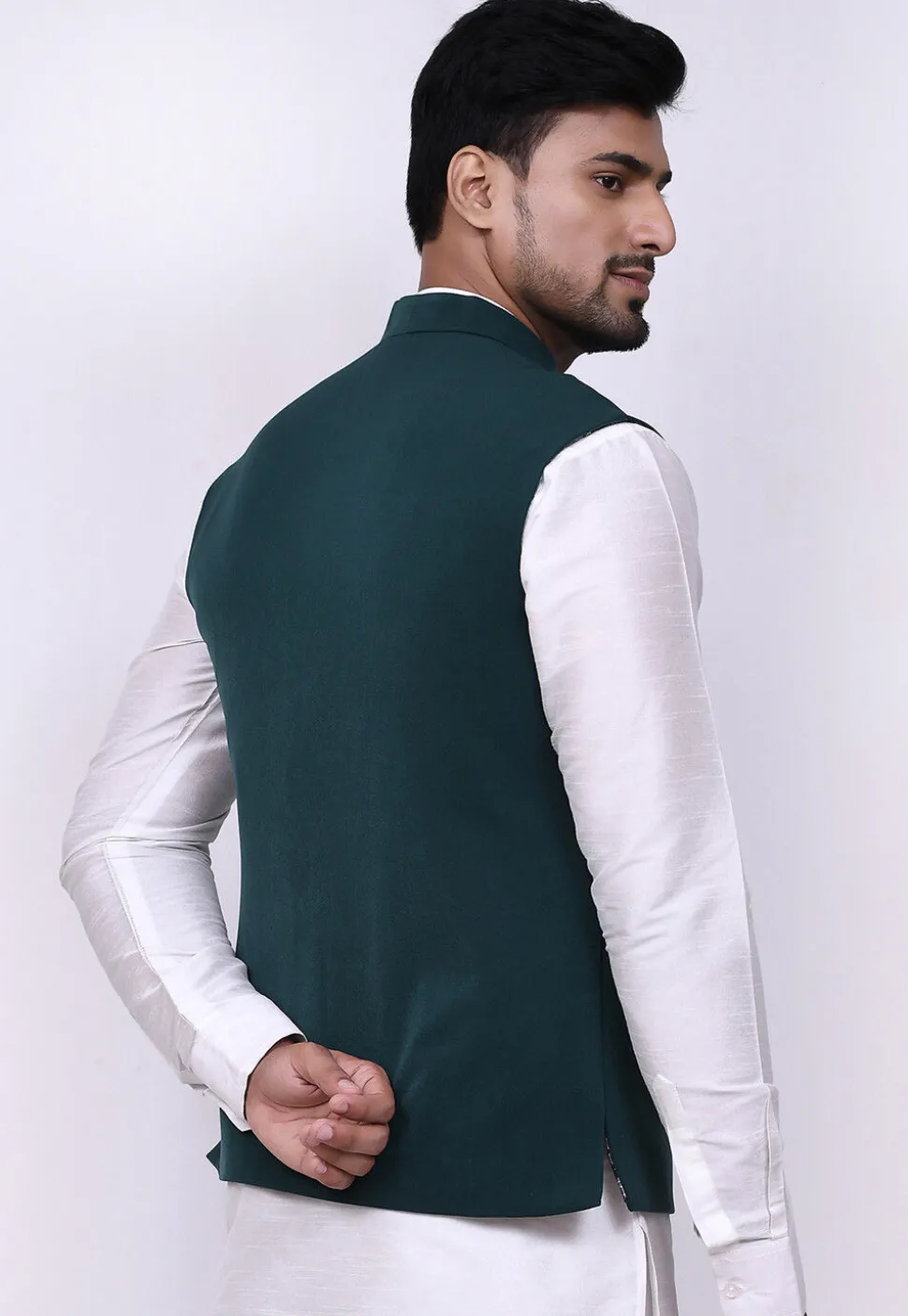Solid Color Terry Rayon Nehru Jacket in Dark Teal Green