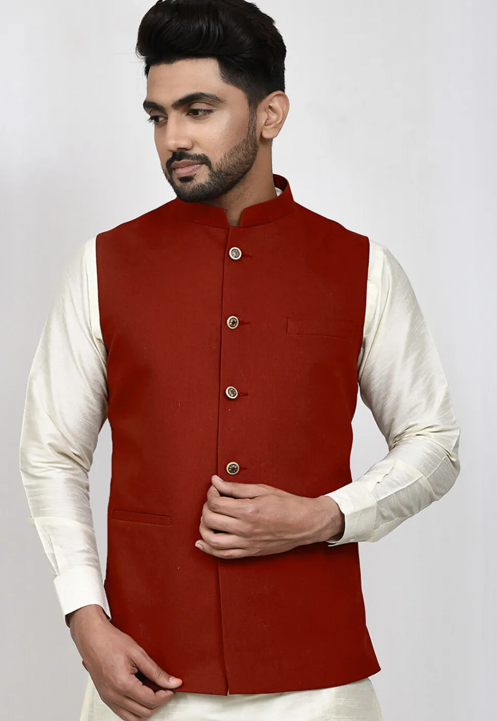 Solid Color Terry Rayon Nehru Jacket in Maroon