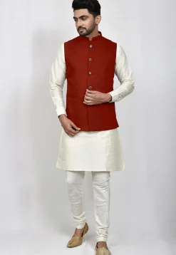 Solid Color Terry Rayon Nehru Jacket in Maroon