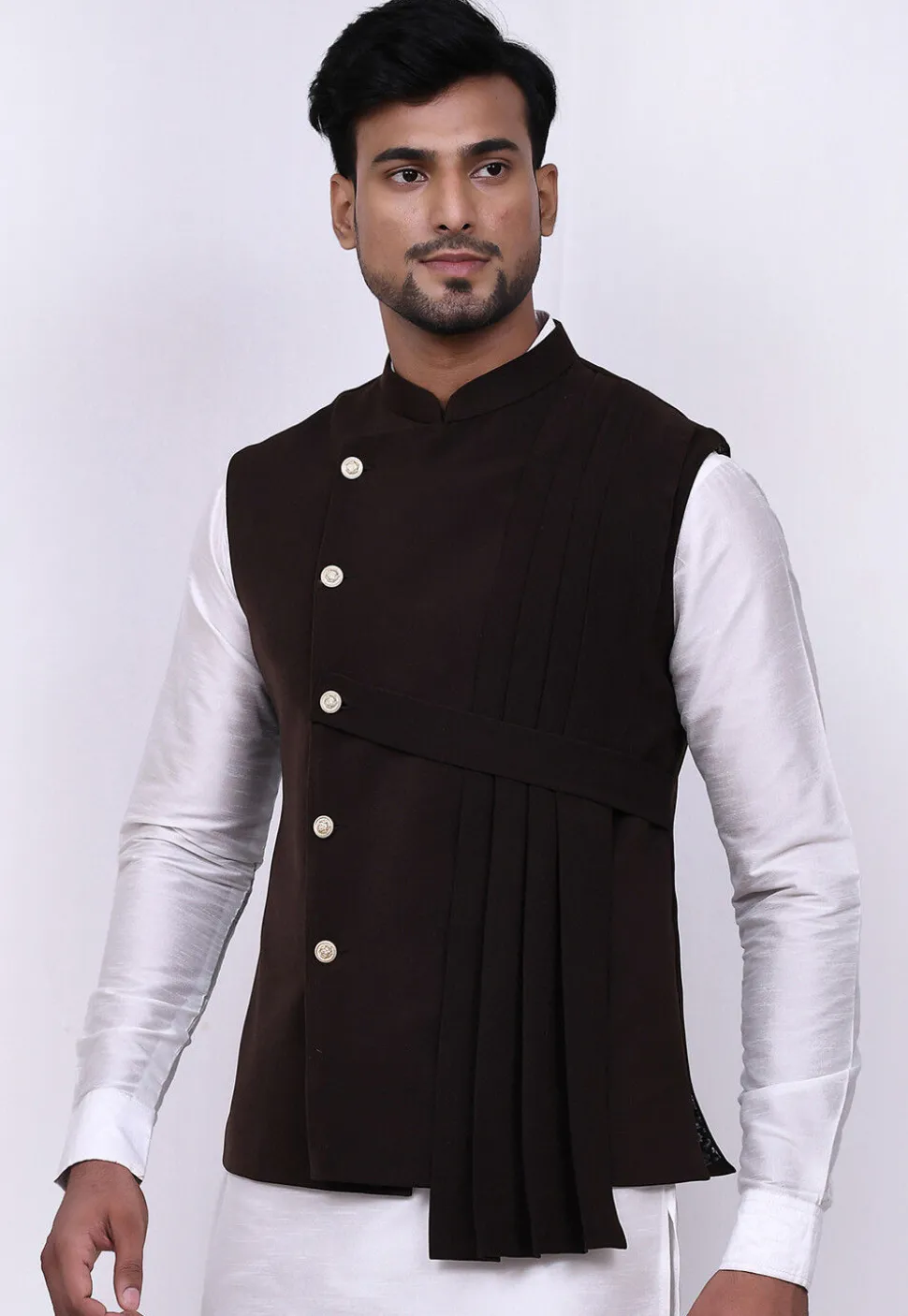 Solid Color Terry Rayon Nehru Jacket in Dark Brown