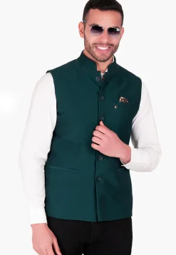 Solid Color Terry Rayon Nehru Jacket in Teal Green