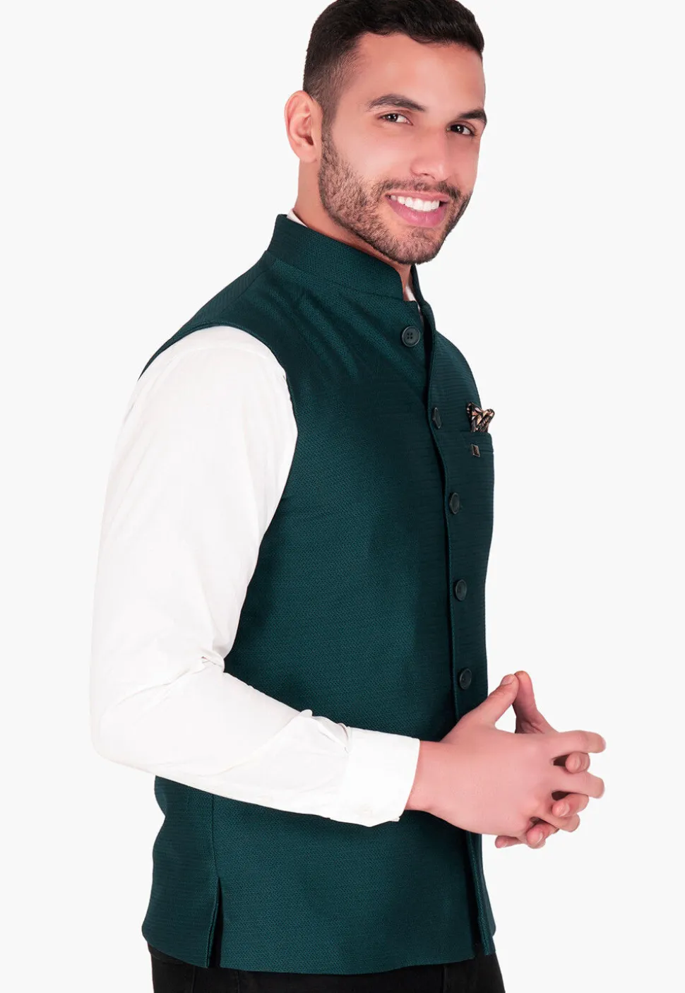 Solid Color Terry Rayon Nehru Jacket in Teal Green