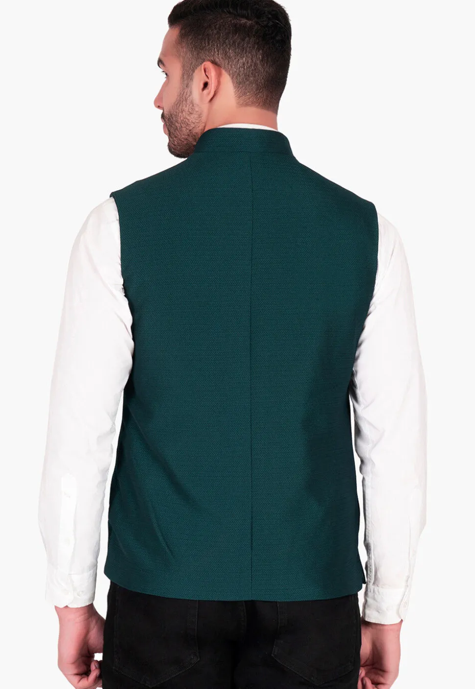 Solid Color Terry Rayon Nehru Jacket in Teal Green