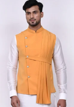 Solid Color Terry Rayon Nehru Jacket in Mustard