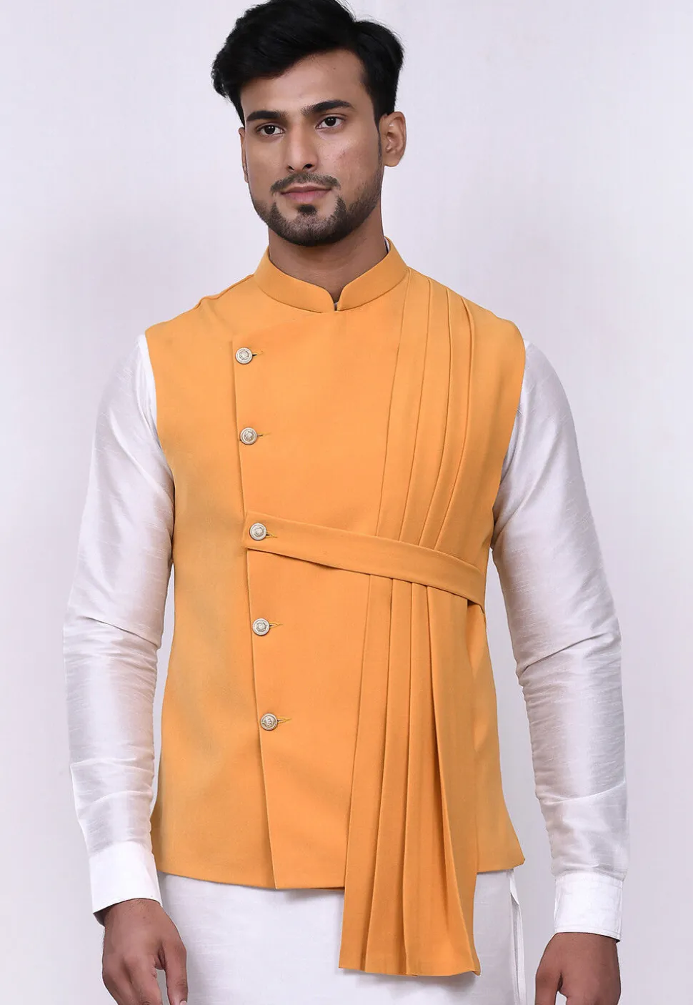 Solid Color Terry Rayon Nehru Jacket in Mustard