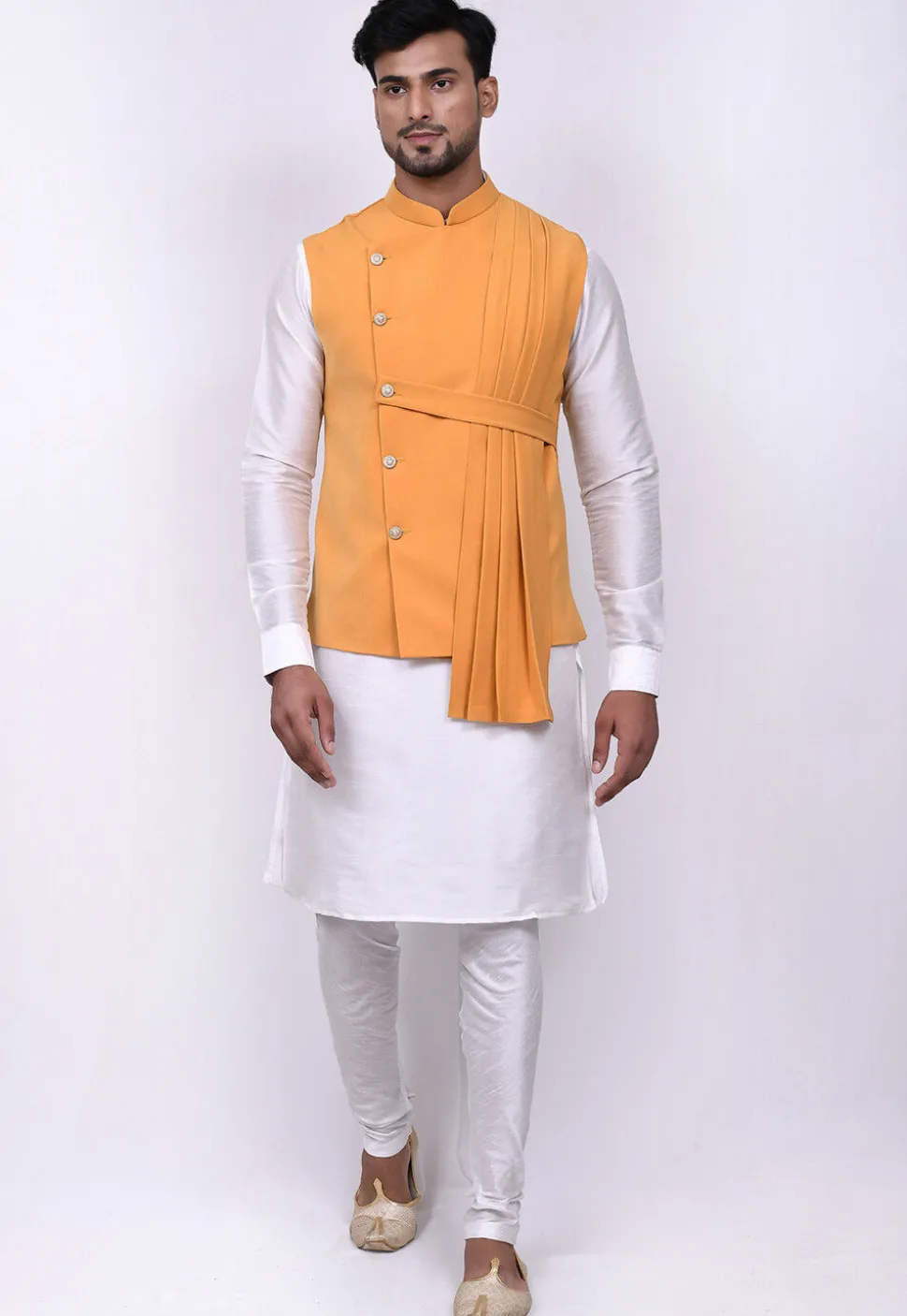 Solid Color Terry Rayon Nehru Jacket in Mustard