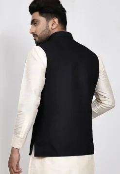 Solid Color Terry Rayon Nehru Jacket in Black