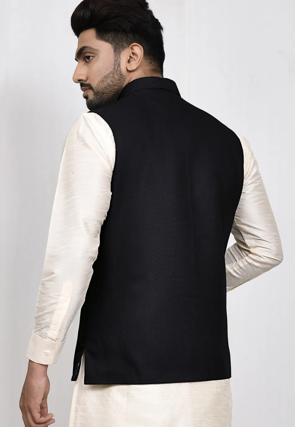 Solid Color Terry Rayon Nehru Jacket in Black