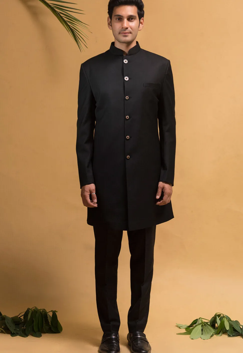 Solid Color Terry Rayon Sherwani in Black