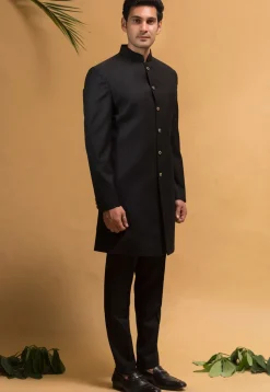 Solid Color Terry Rayon Sherwani in Black