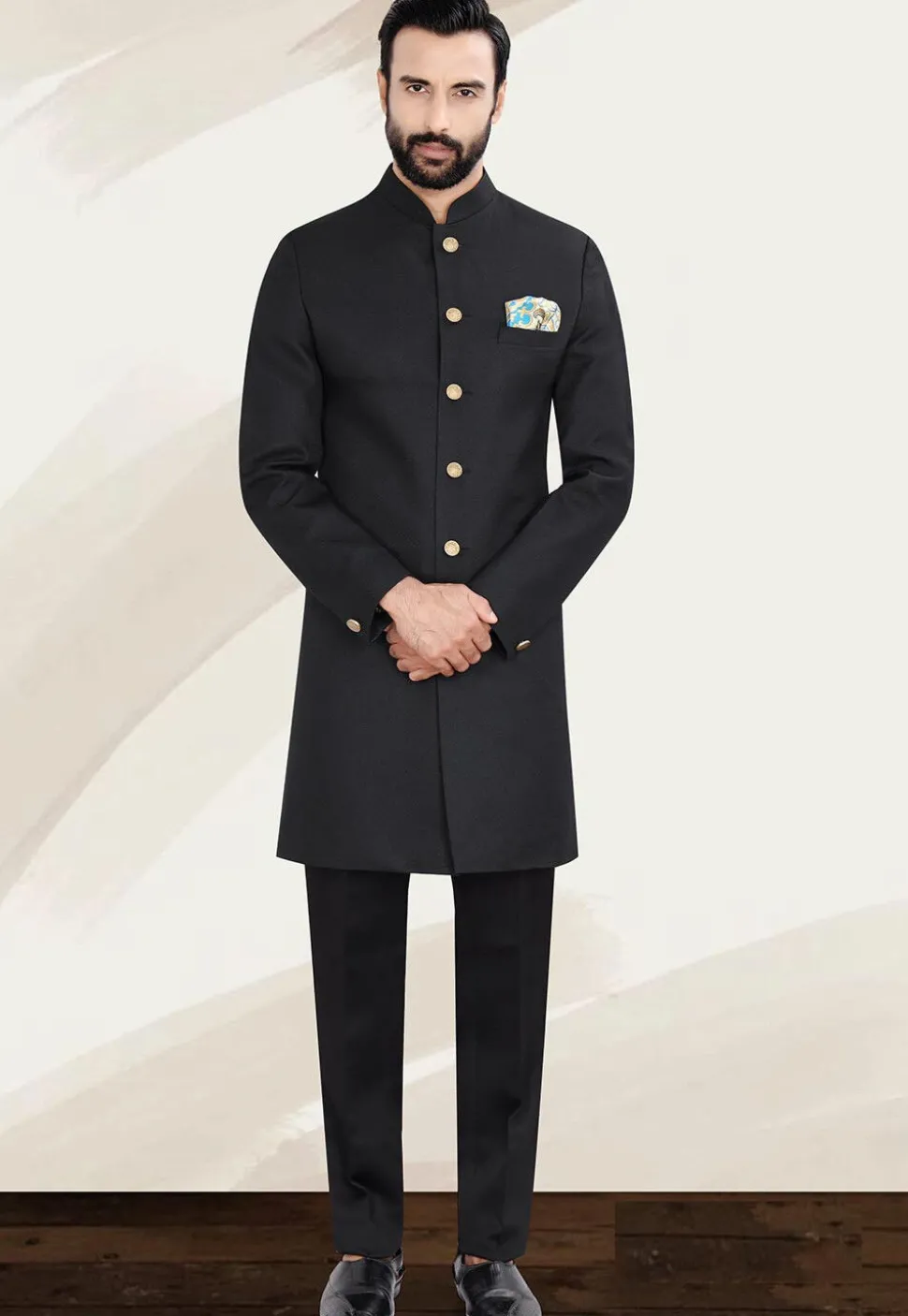 Solid Color Terry Rayon Sherwani in Black