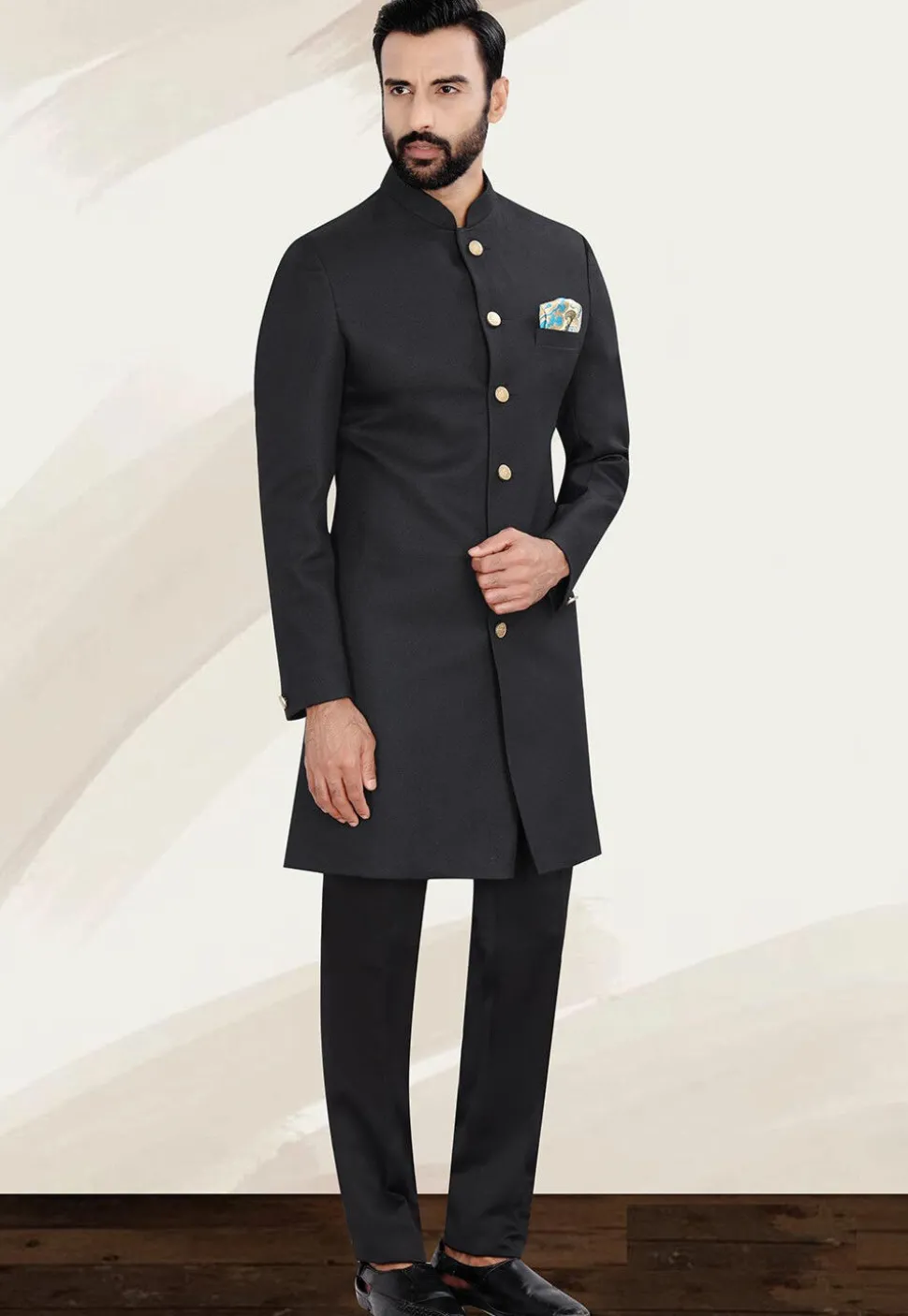 Solid Color Terry Rayon Sherwani in Black
